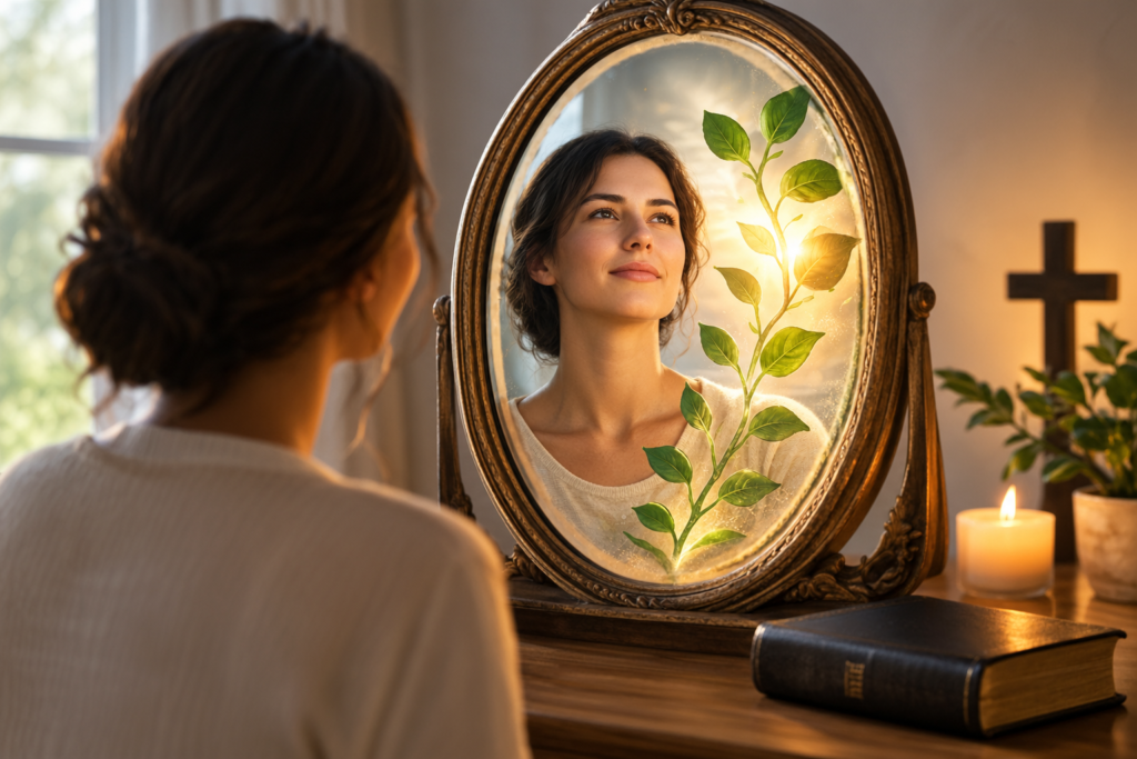 A woman gazing into an ornate mirror with glowing green vines reflecting spiritual growth, surrounded by a Bible, candle, and cross in a peaceful, warmly lit room.