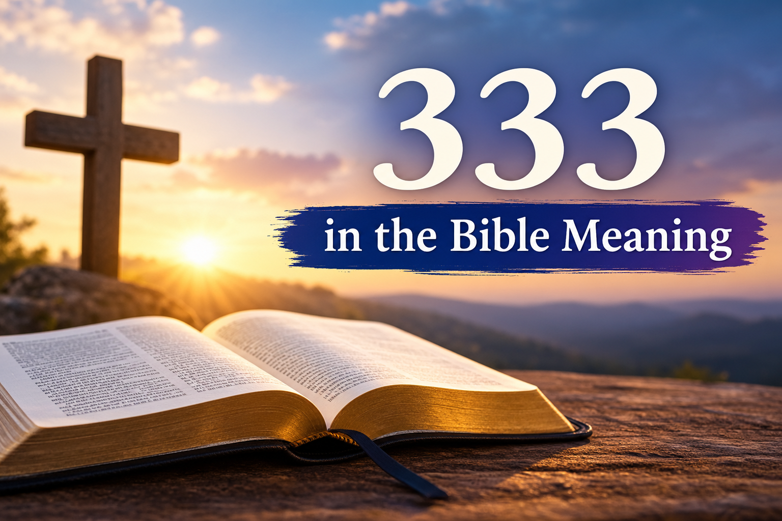 333 in the Bible Meaning with an open Bible, cross, and sunrise background.