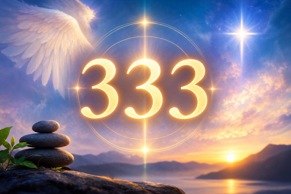 Spiritual meaning of 333 represented by glowing numbers 333, angelic light, sacred geometry, peaceful mountains, and a sunrise over water.