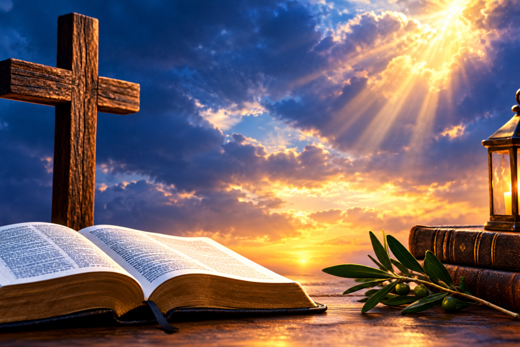Open Bible and wooden cross with glowing sunlight, a lantern, and olive branches in a peaceful biblical scene.