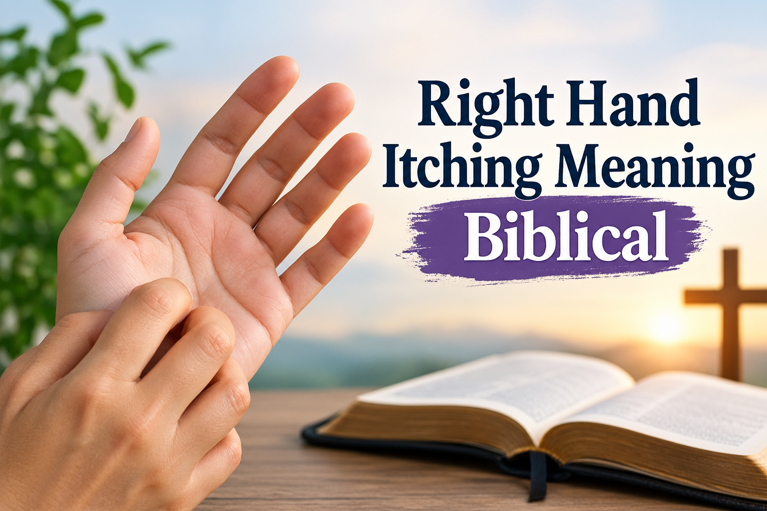 Right hand itching meaning biblical with an open Bible and cross symbolizing spiritual meaning and biblical symbolism of the right palm.