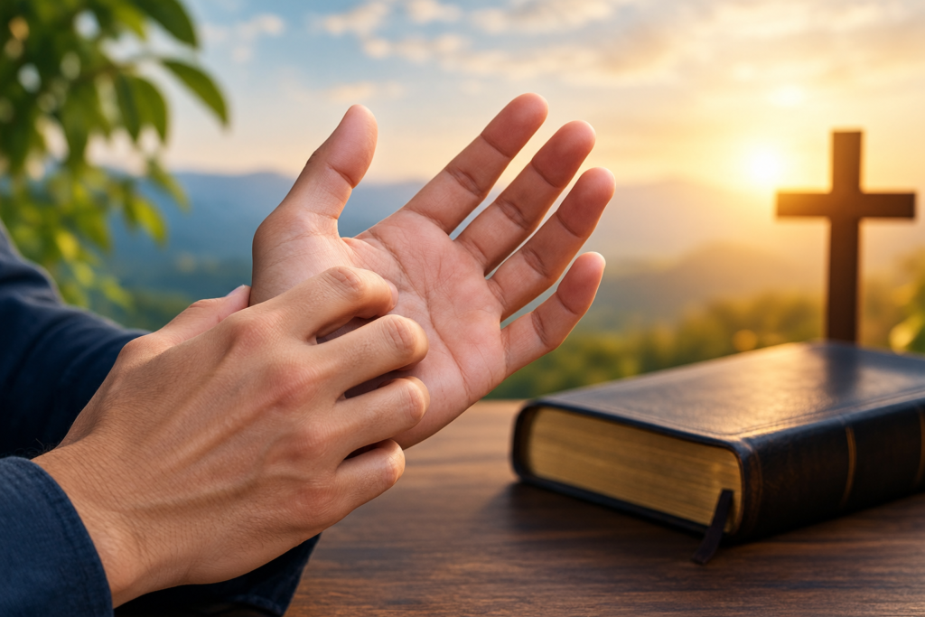 Biblical meaning of right hand itching with an open palm, Bible, and cross at sunset.