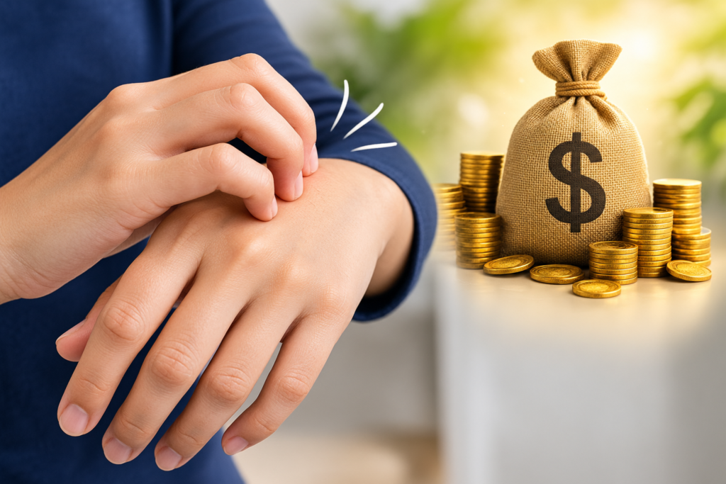 Right hand itching with gold coins and a money bag, symbolizing the belief that right hand itching may mean receiving money.