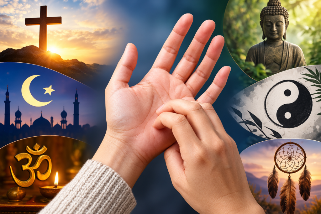 Right palm itching meaning in different beliefs, represented through spiritual and cultural symbols.