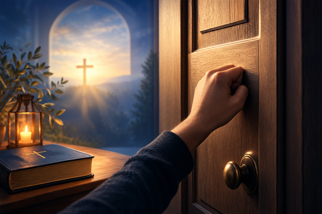 Hand knocking on a wooden door beside a Bible and candle, with a glowing cross in the background symbolizing the spiritual meaning of hearing knocking.
