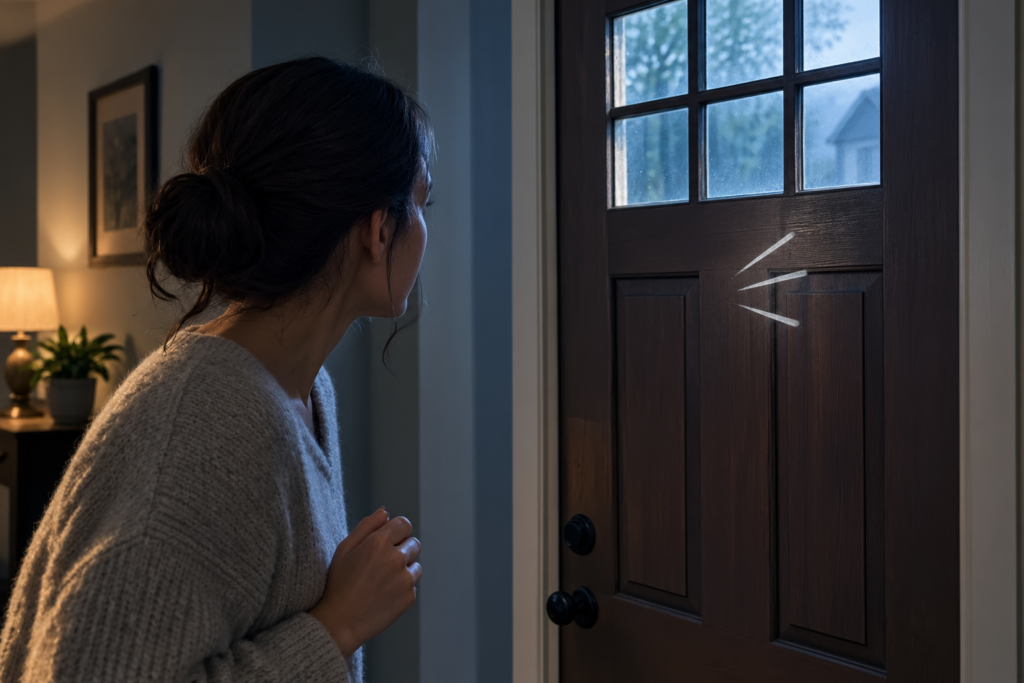 woman standing near a wooden front door after hearing an unexplained knocking sound, with no one visible outside.