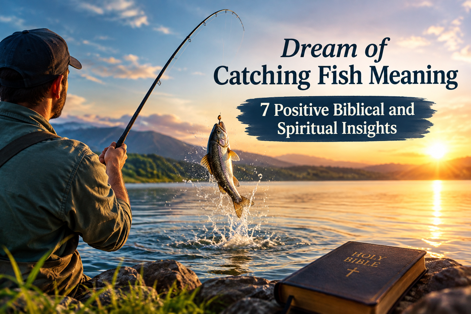 Dream of catching fish meaning with a fisherman catching a fish on a peaceful lake at sunset, symbolizing biblical and spiritual abundance.