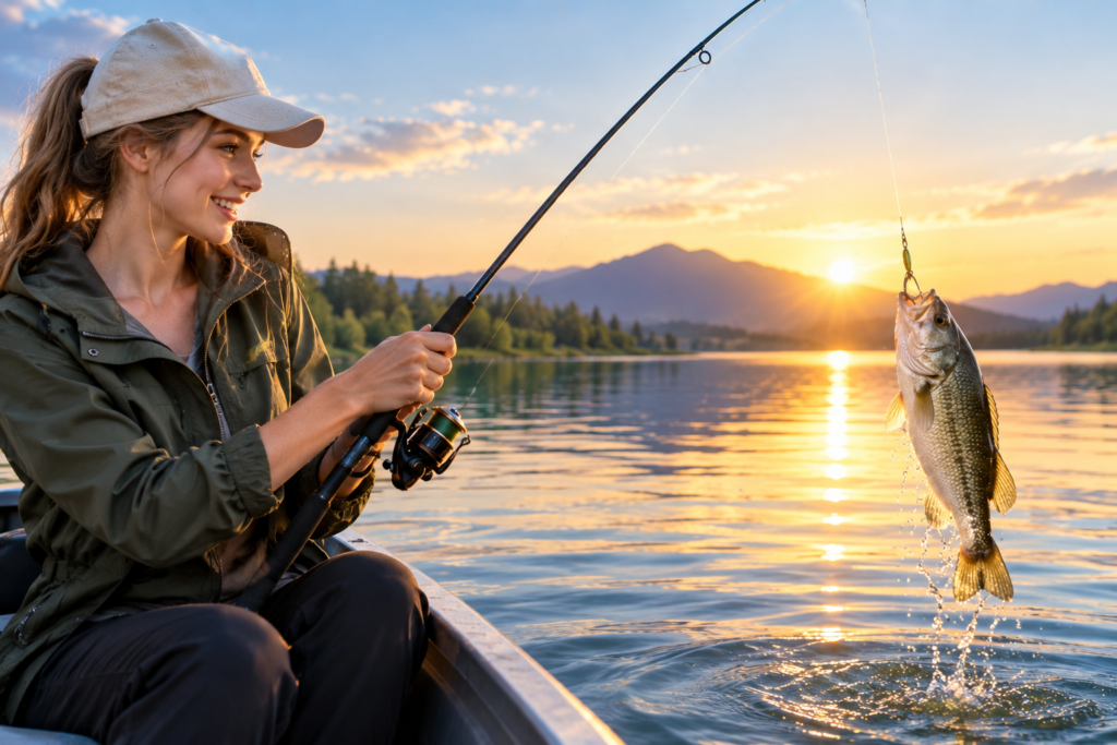 Young woman catching a fish while fishing on a peaceful mountain lake at sunset.