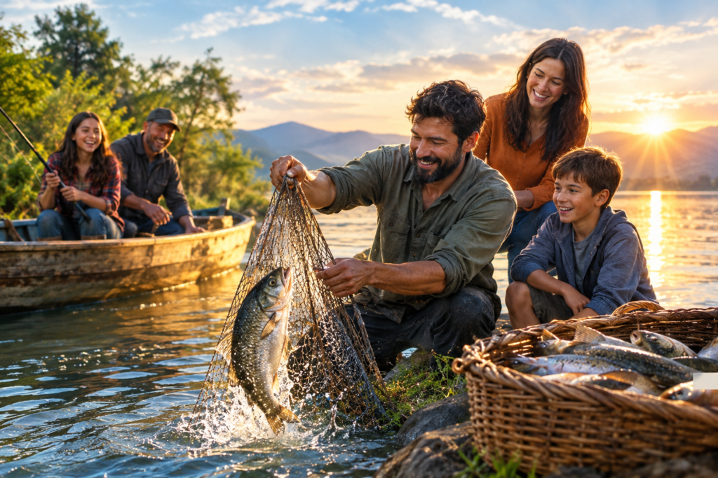 Dream meaning of catching fish and abundance with multiple people celebrating a plentiful catch by a peaceful lake.