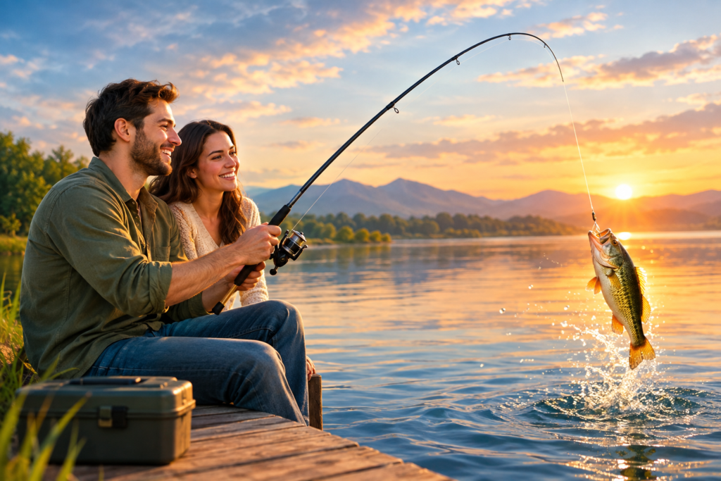 Couple catching a fish together on a peaceful lake at sunset, symbolizing a positive dream experience.