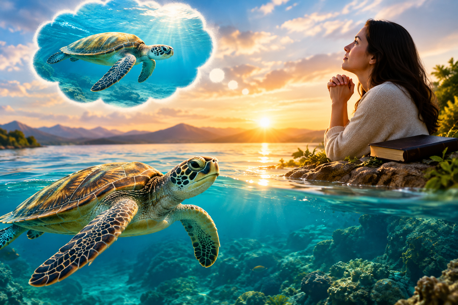 Turtle swimming in clear water while a woman prays beside a peaceful lake at sunrise, symbolizing the spiritual meaning of dreaming about turtles.