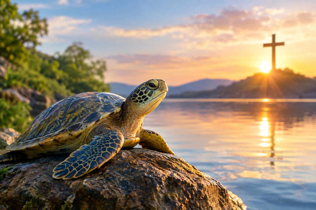 Turtle resting by a peaceful lake at sunset with a cross on a distant hill, symbolizing faith and spiritual reflection.