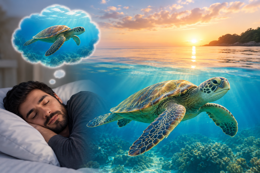 A peaceful sea turtle swimming underwater at sunrise, with a sleeping man dreaming of a turtle in a serene ocean scene.