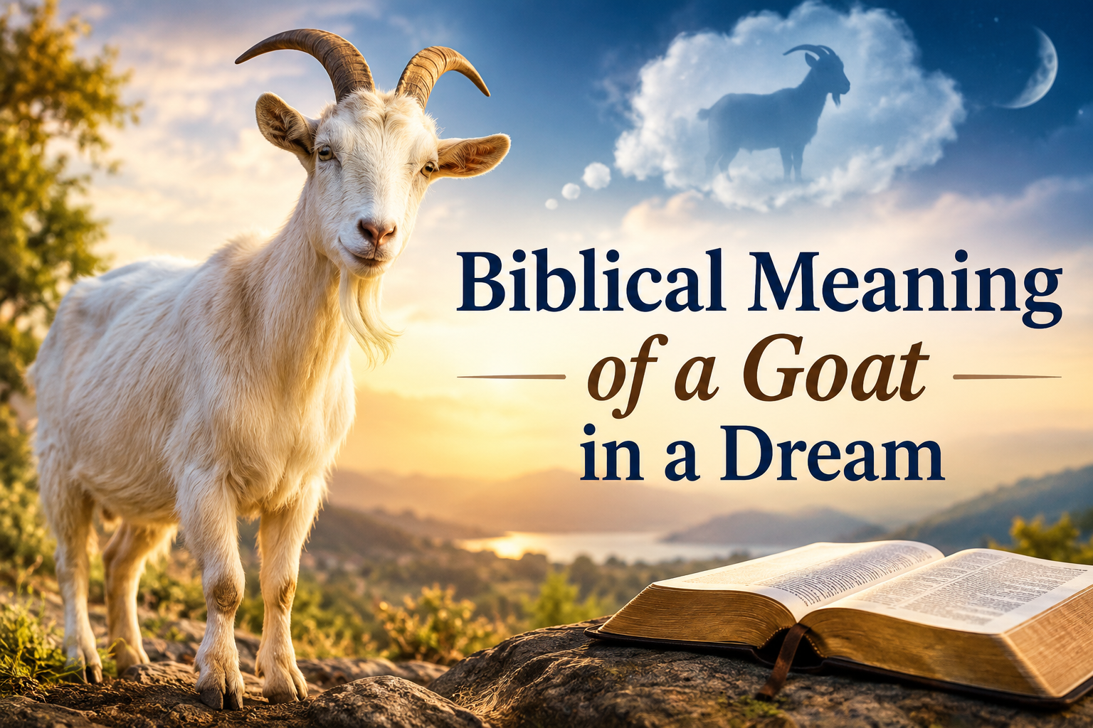 Biblical meaning of a goat in a dream with a white goat, an open Bible, and a peaceful spiritual landscape at sunset.