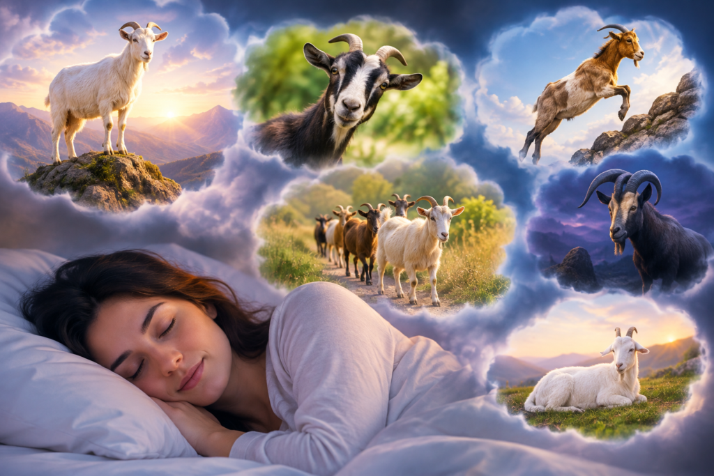 A sleeping woman dreams of goats in different scenes, including a white goat on a mountain, goats grazing in a meadow, a jumping goat, and a resting goat under a colorful dreamlike sky.