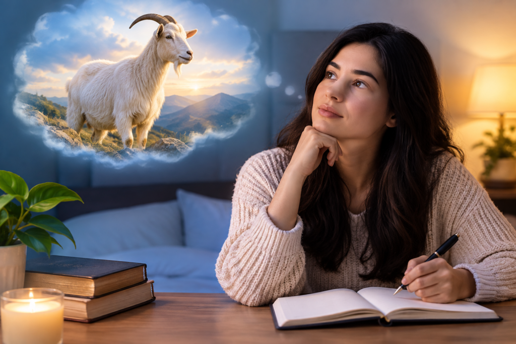 A woman journaling while reflecting on a dream about a white goat in a peaceful, misty mountain landscape.