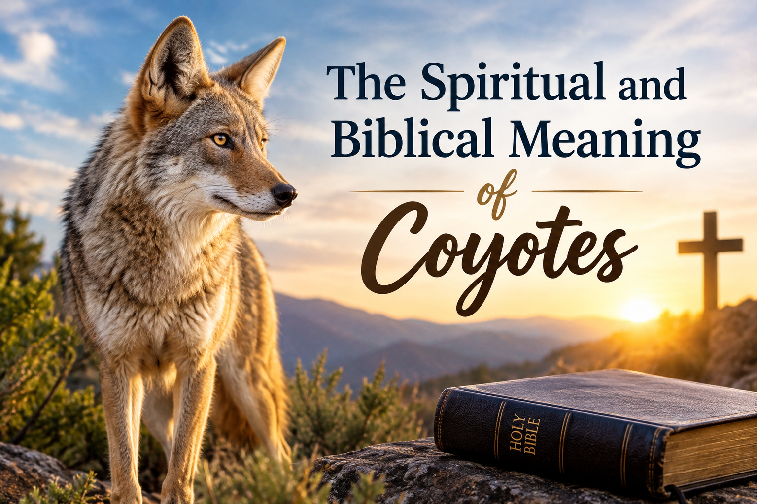 The spiritual and biblical meaning of coyotes illustrated by a coyote standing against a sunset mountain landscape with a Bible and a cross in the background.