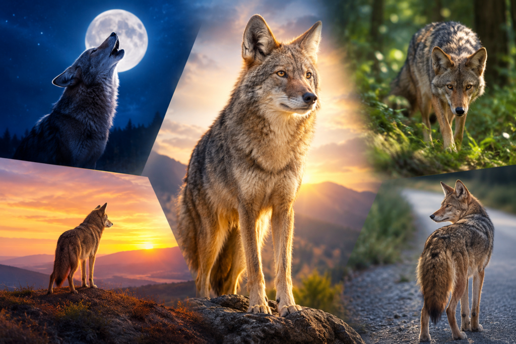 Coyote in different natural settings, including howling under the full moon, walking through a forest, and standing at sunset, illustrating the spiritual meaning of coyotes in different situations.