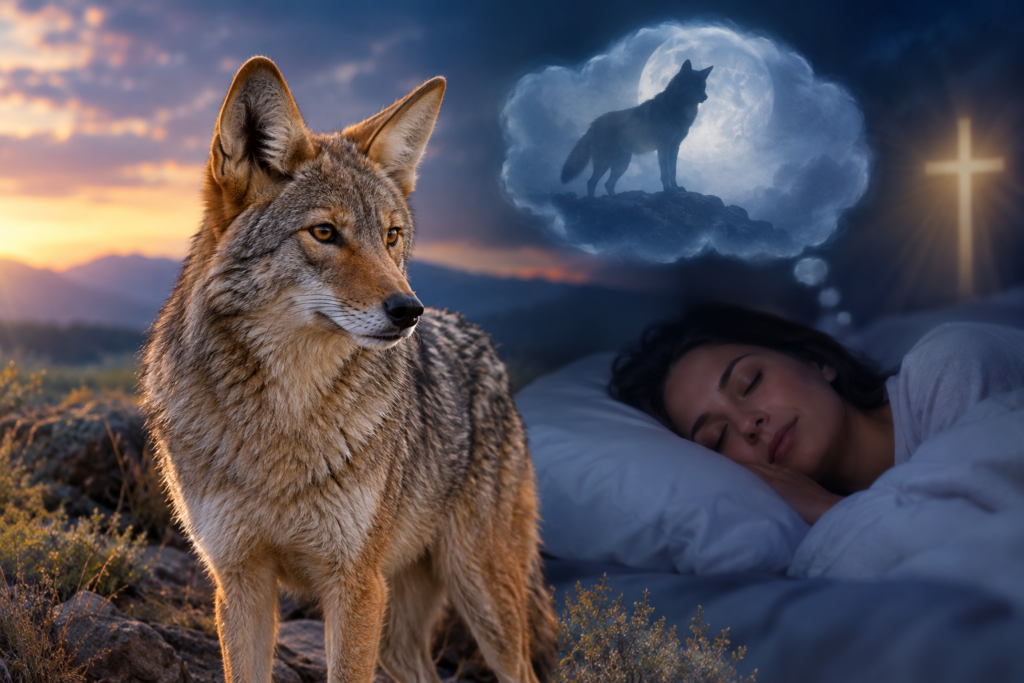 Coyote in a dream with a sleeping woman, moonlit wilderness, and glowing cross symbolizing the biblical and spiritual meaning of coyotes in dreams.