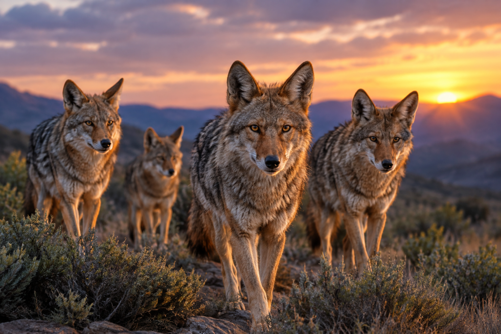 A pack of coyotes standing in rocky wilderness at sunset with mountains in the background, representing the meaning of seeing a pack of coyotes.