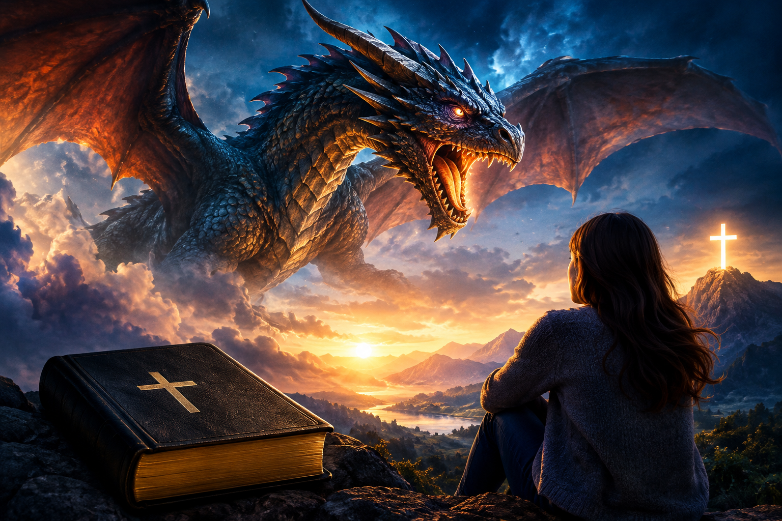 Dragon dreams meaning with a powerful dragon above a woman, a Bible, mountains, and a glowing cross symbolizing spiritual and biblical insights.