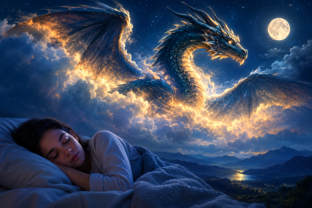 Spiritual meaning of dragon dreams with a sleeping woman and a majestic dragon glowing beneath the moonlit night sky.