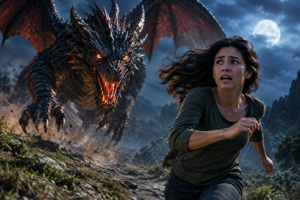 Dragon chasing a frightened woman through a rocky landscape under a full moon at night.