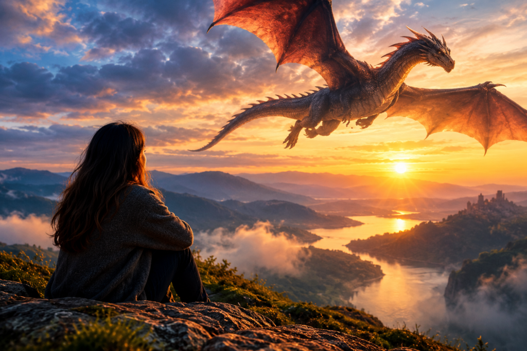 Person watching a majestic dragon fly over a misty mountain valley at sunset.