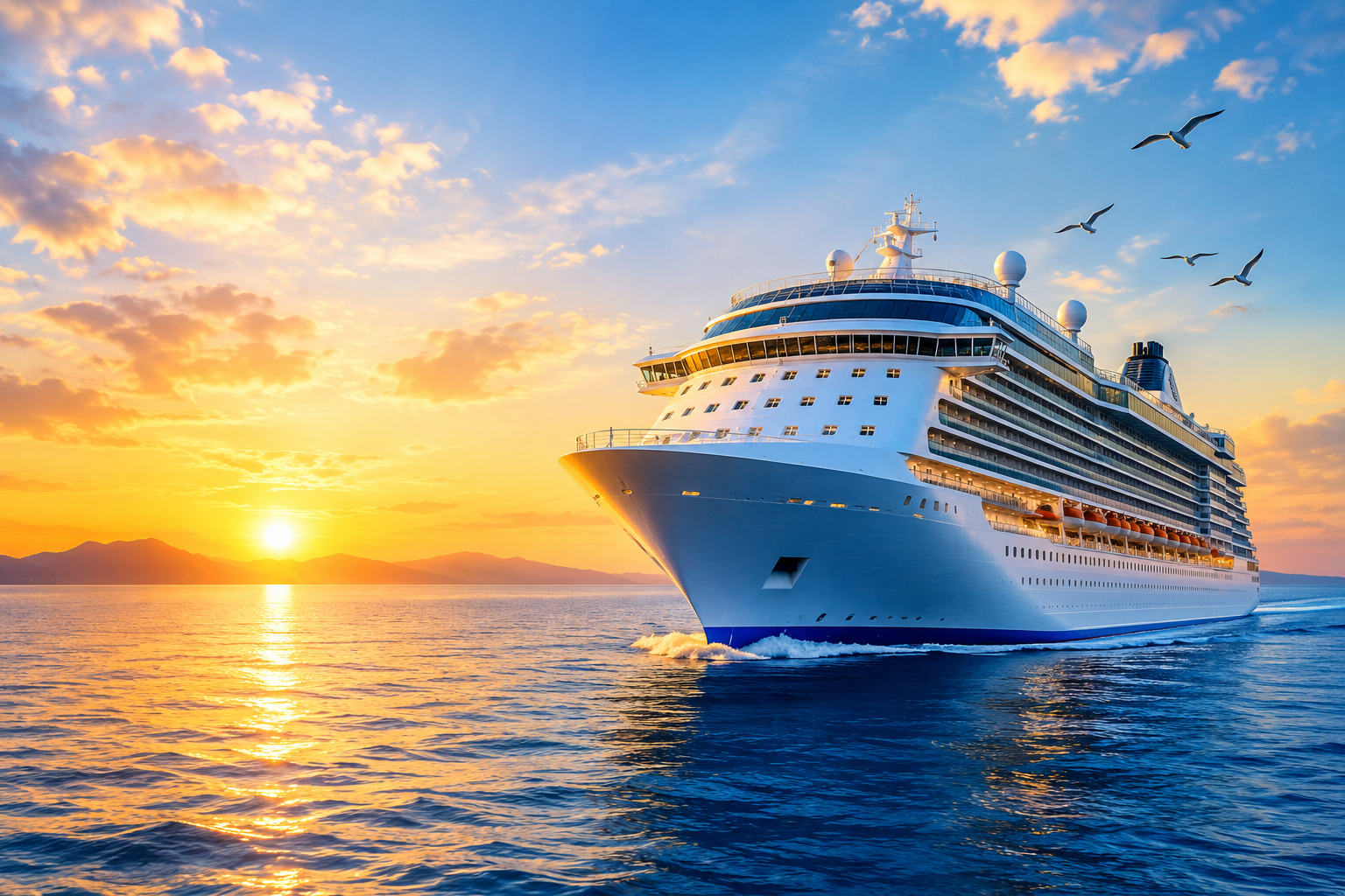 Cruise ship sailing across calm ocean waters at sunset, symbolizing spiritual journey and positive biblical meaning.
