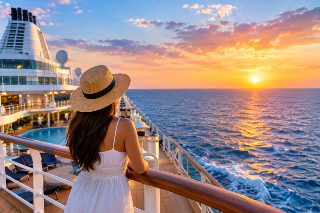 Cruise ship dream meaning showing a woman overlooking the ocean at sunset.