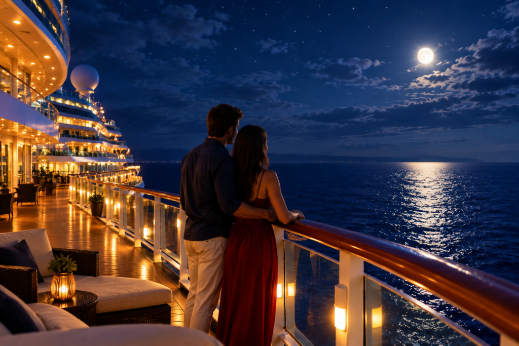 Romantic couple standing on a cruise ship deck at night, overlooking a moonlit ocean under a starry sky.