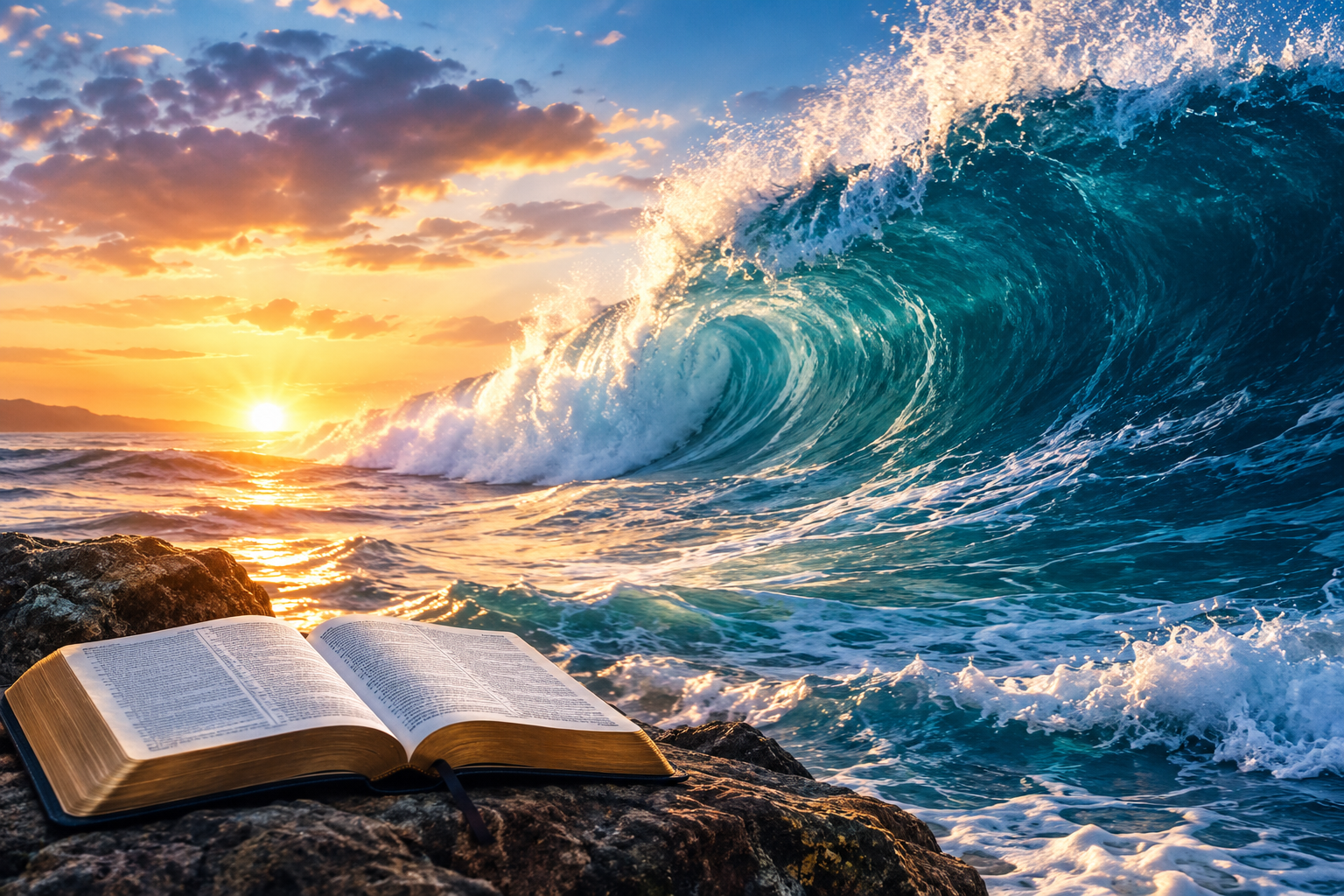 Big waves crashing across the ocean beside an open Bible on rocky shore at sunset.