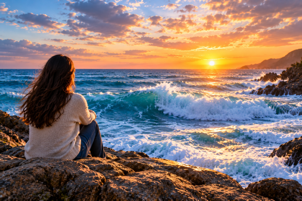 Woman sitting on rocky shore watching powerful ocean waves at sunset, symbolizing the biblical meaning of waves in dreams.