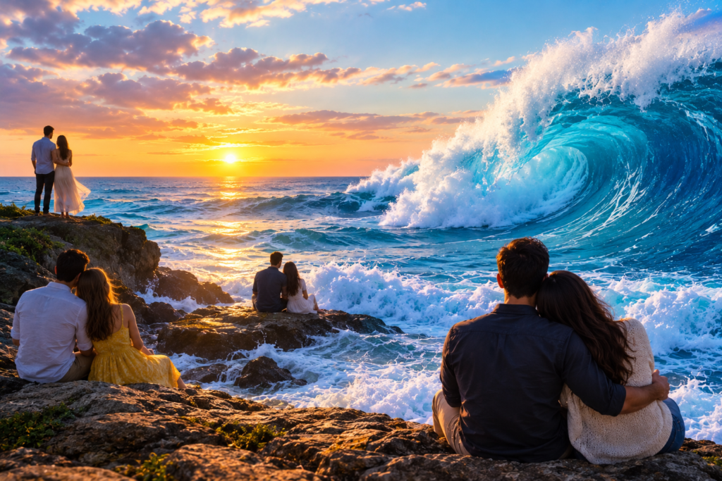 Multiple couples sitting and standing on a rocky shoreline at sunset, watching a massive turquoise ocean wave crash under a colorful sky filled with golden and pink clouds, creating a serene and dreamlike coastal scene.