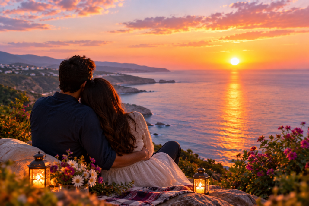 A romantic couple sitting together on a scenic coastal overlook at sunset, embracing while gazing across a calm ocean glowing with golden reflections. Surrounded by colorful flowers, softly lit lanterns, and dramatic seaside cliffs, the peaceful scene conveys love, connection, and serenity under a vibrant pink and orange sky, with no text visible.
