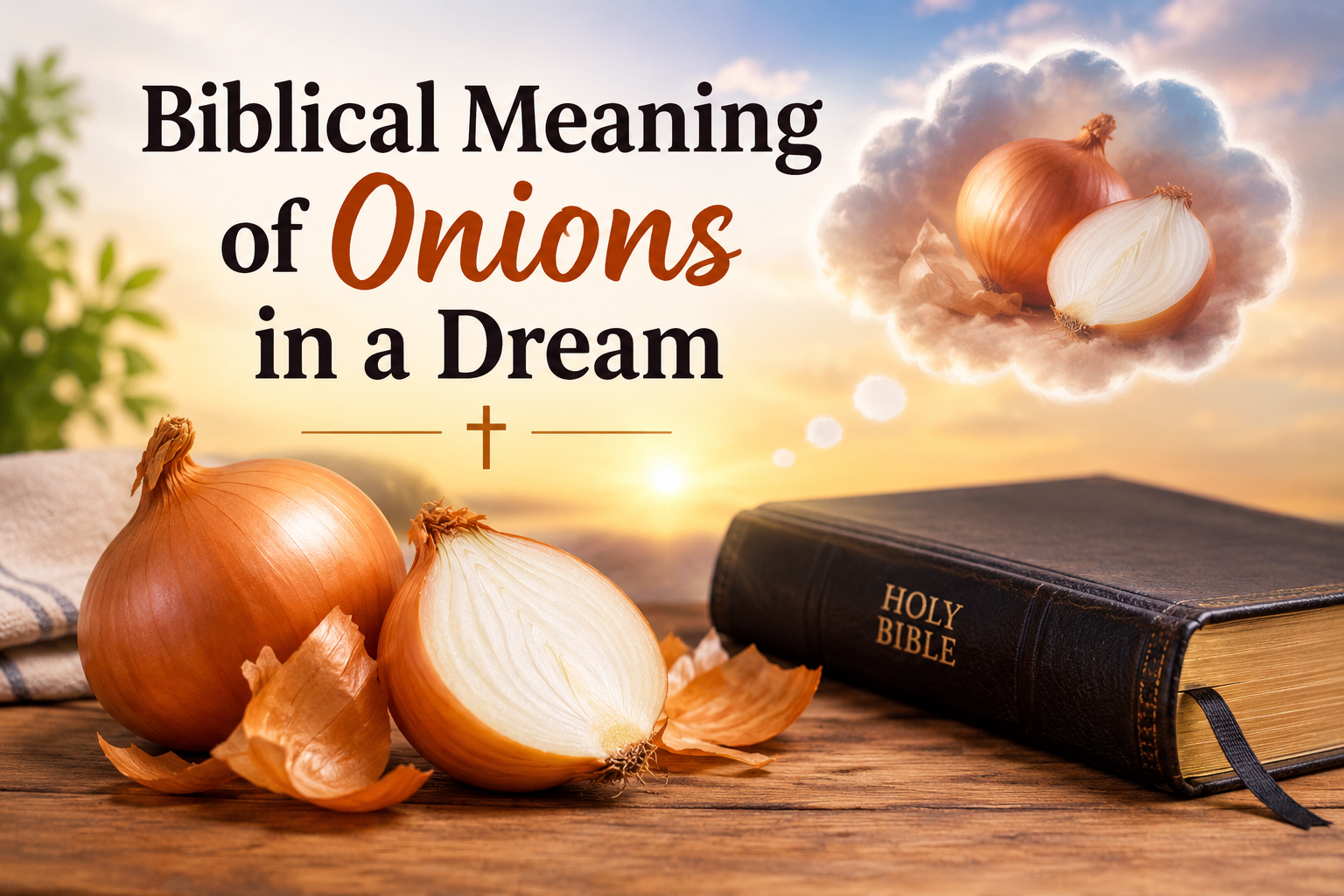 Biblical meaning of onions in a dream, featuring fresh and sliced onions beside a Holy Bible in warm sunrise lighting.