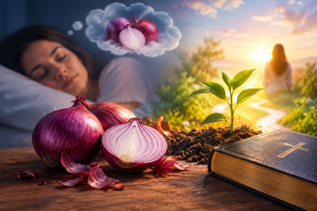 Biblical meaning of dreaming about onions and spiritual growth, symbolized by red onions, a growing green plant, a Bible, and a glowing sunrise representing faith, transformation, and spiritual renewal.