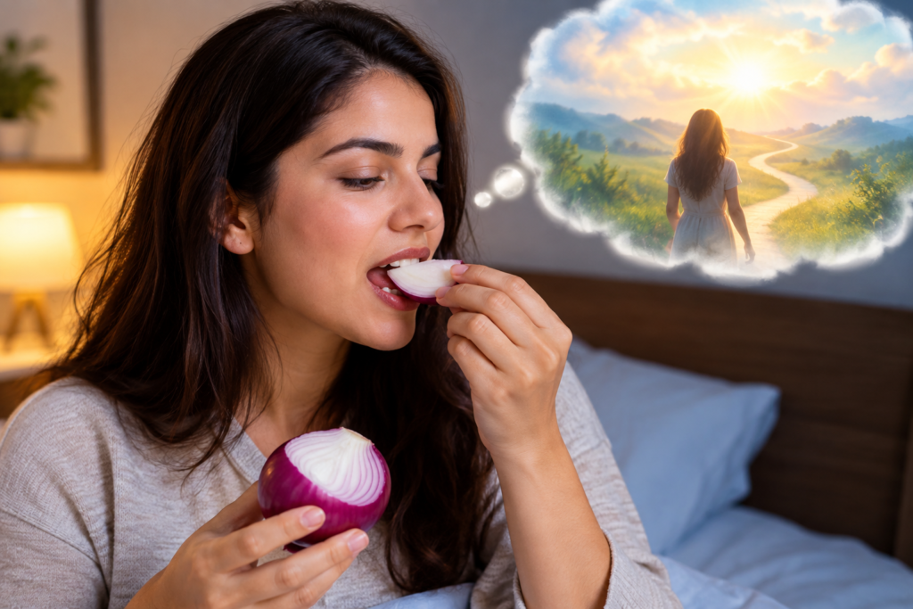 Woman eating a red onion in a dreamlike bedroom scene, symbolizing the spiritual meaning of eating onions in a dream.