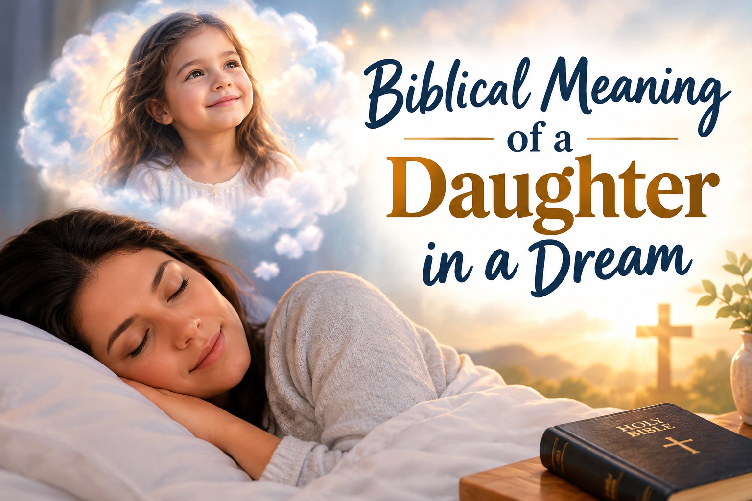 Biblical meaning of a daughter in a dream with a smiling young girl in a heavenly glow, a sleeping woman, and a Holy Bible symbolizing spiritual growth and blessings