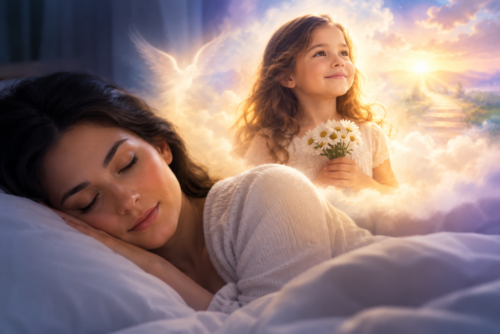 Spiritual meaning of a daughter in a dream, symbolizing love, innocence, hope, new beginnings, and spiritual guidance through a peaceful, glowing dreamscape.