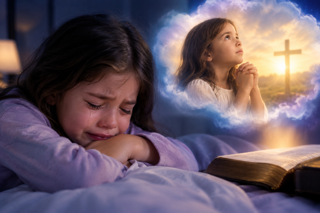 Biblical meaning of a daughter crying in a dream, showing a tearful young girl and a peaceful vision of prayer beside a glowing cross and an open Bible.