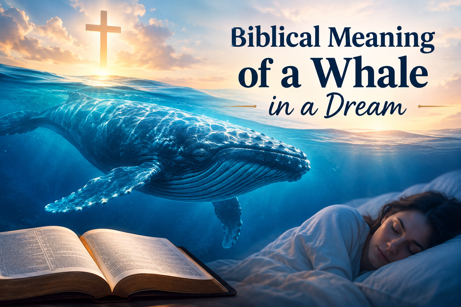 Biblical meaning of a whale in a dream with a giant blue whale in the ocean, a glowing cross, an open Bible, and a sleeping woman.