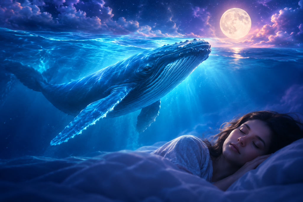 A majestic whale glowing beneath a moonlit sky beside a sleeping woman, symbolizing the spiritual meaning of a whale in a dream and deep emotions.