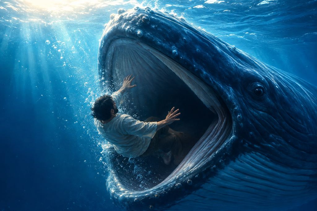 Biblical Meaning of Being Swallowed by a Whale in a Dream, symbolizing Jonah’s biblical story, spiritual transformation, faith, and divine guidance underwater.
