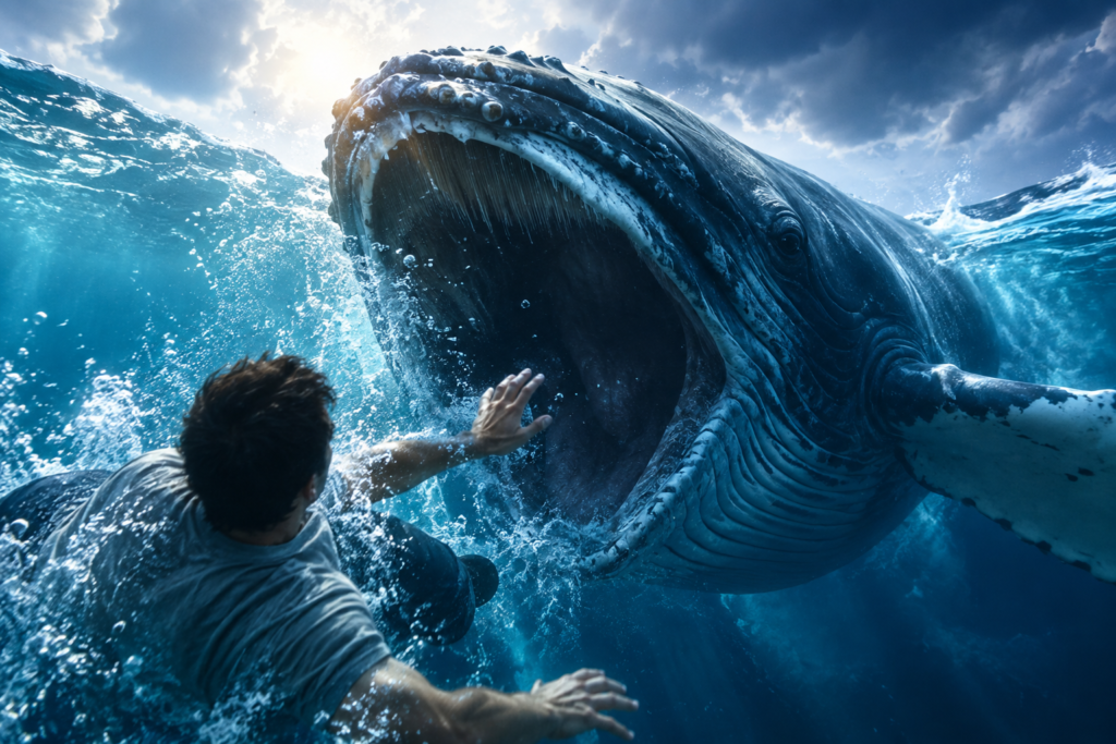 A massive whale attacking a man in turbulent ocean water, illustrating the biblical meaning of a whale attacking you in a dream.