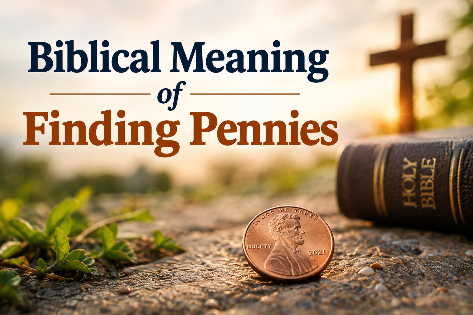 Biblical meaning of finding pennies, featuring a copper penny on the ground with a Bible and cross in a warm, peaceful setting.