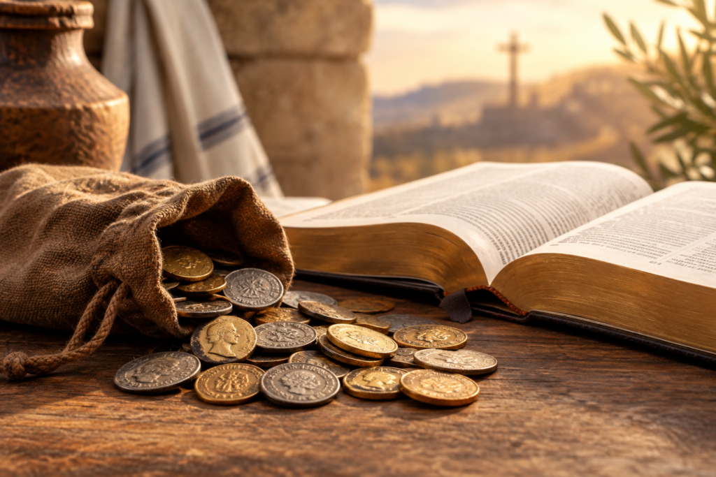 Open Bible beside a pouch of gold and silver coins on a wooden table, illustrating the biblical meaning and symbolism of coins.