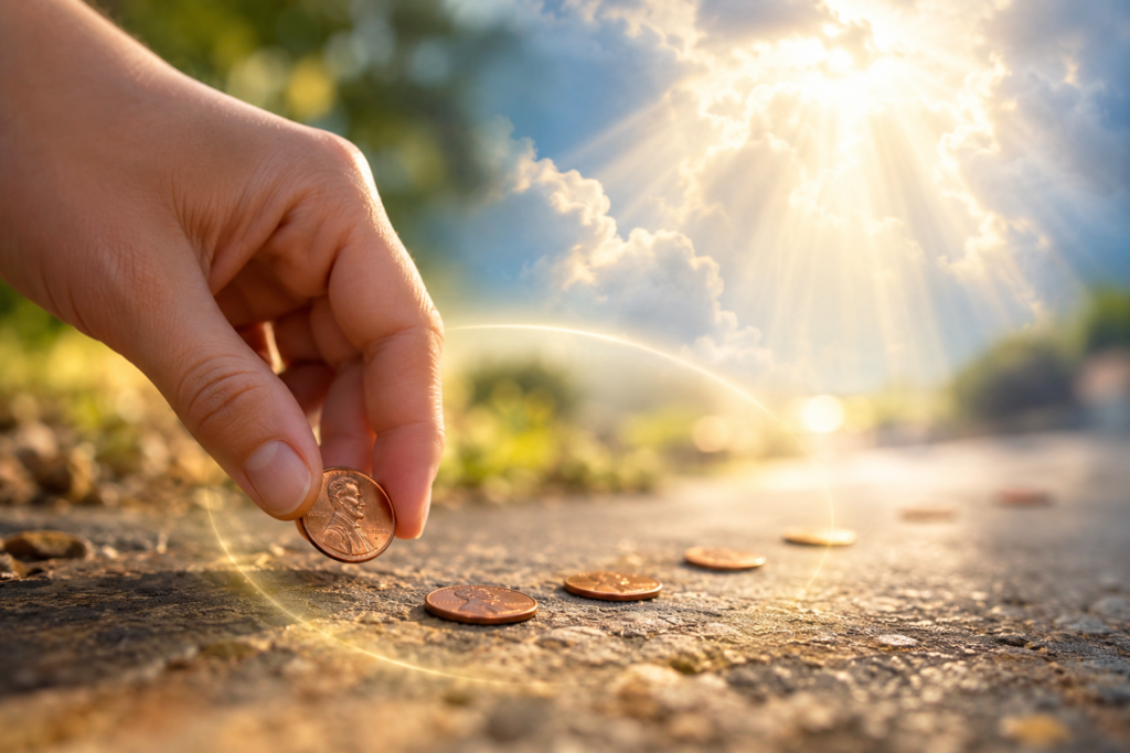 A hand picking up a penny with several coins on the ground under warm heavenly sunlight, symbolizing finding pennies as a sign from heaven and the spiritual meaning of repeated coins.