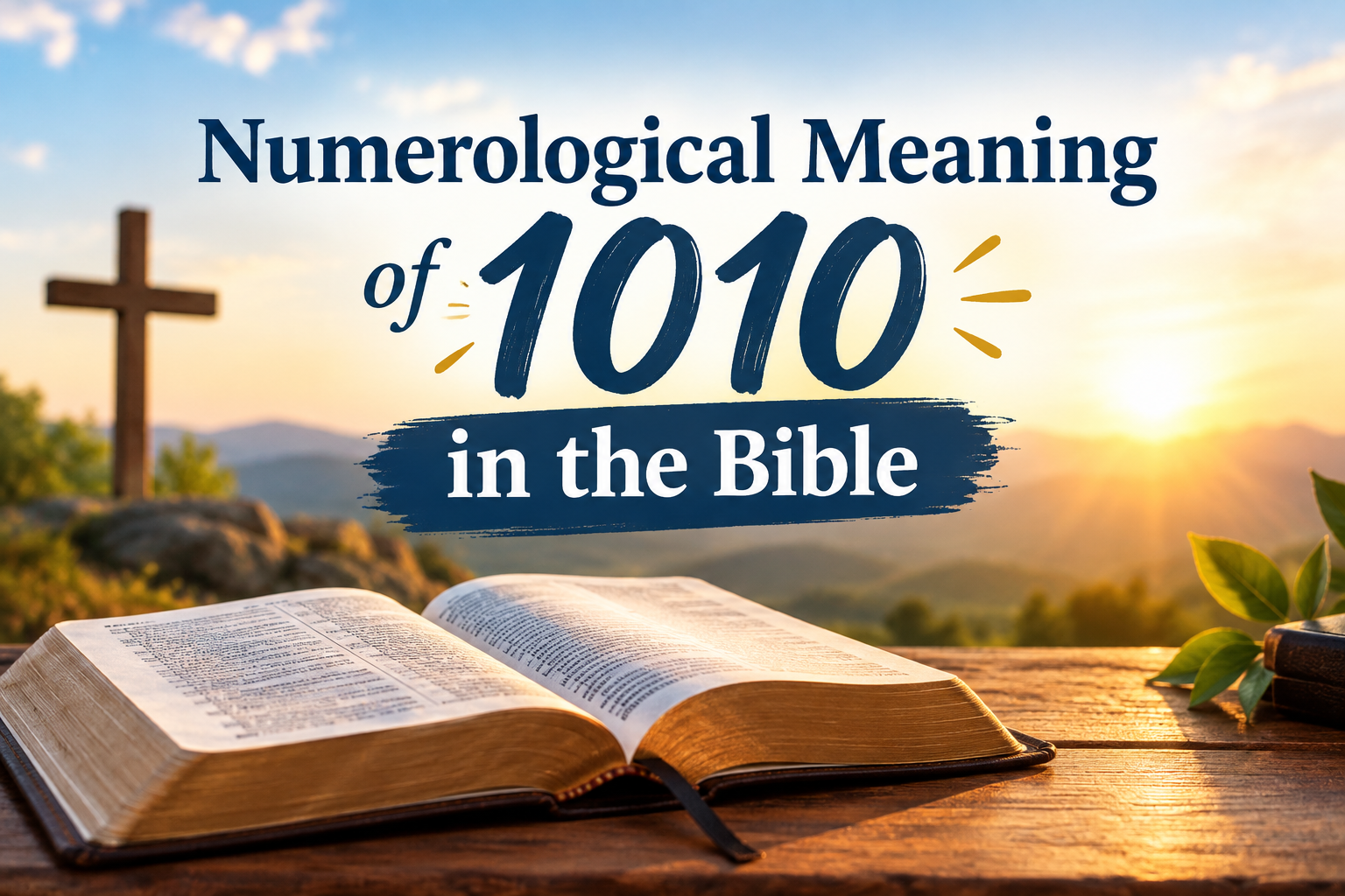 Numerological Meaning of 1010 in the Bible with an open Bible, a cross, and a golden sunrise.