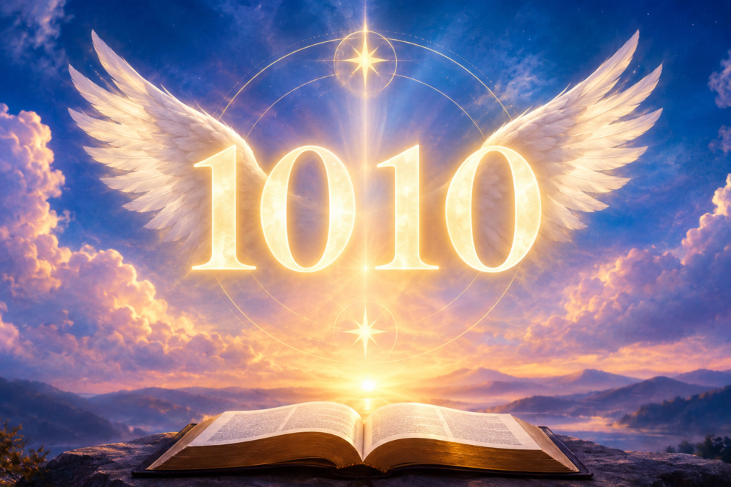 Biblical meaning of angel number 1010 with glowing golden numbers, angel wings, a radiant heavenly sky, and an open Bible at sunset.